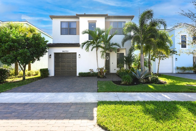 view of front of home with a front yard and a garage