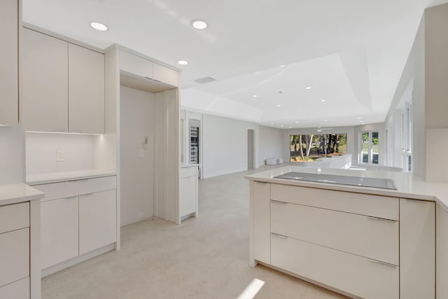 kitchen with black electric cooktop and a raised ceiling