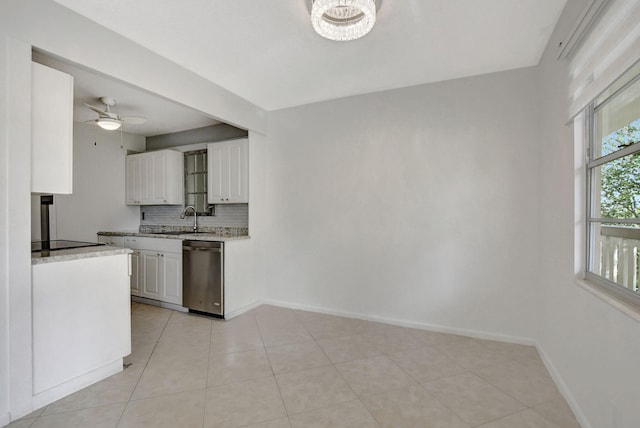 kitchen featuring dishwasher, sink, decorative backsplash, white cabinets, and ceiling fan with notable chandelier