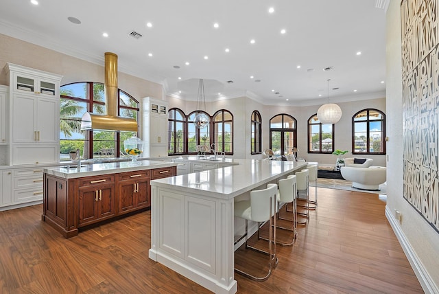 kitchen featuring pendant lighting, hardwood / wood-style floors, a kitchen breakfast bar, a spacious island, and white cabinets