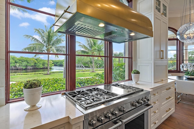 kitchen featuring white cabinetry, a water view, high end stainless steel range oven, and island exhaust hood