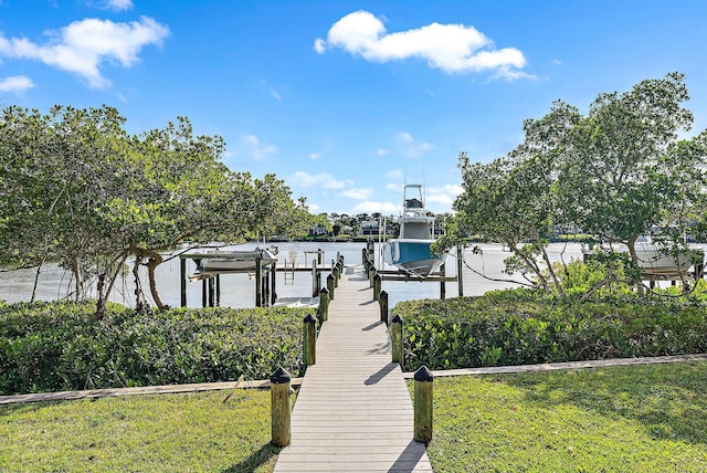 dock area featuring a water view and a yard