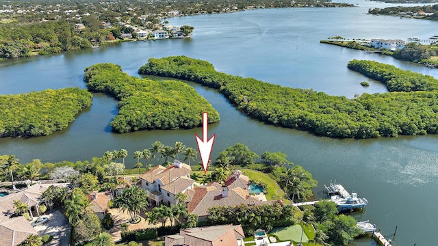 birds eye view of property with a water view