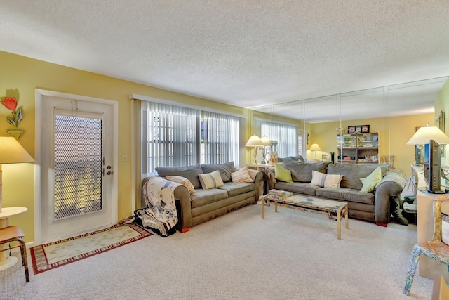 carpeted living room with a textured ceiling