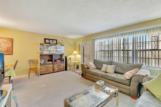 living room with carpet flooring and a textured ceiling