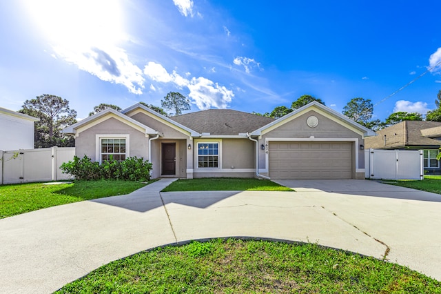 ranch-style home featuring a garage and a front lawn