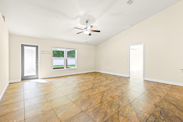 spare room with ceiling fan and lofted ceiling