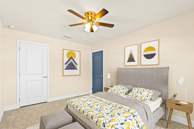 carpeted bedroom featuring ceiling fan