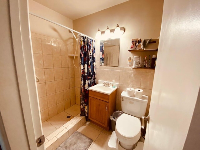 bathroom featuring a shower with curtain, tasteful backsplash, tile patterned floors, and tile walls