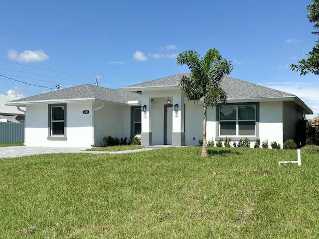 single story home featuring a front lawn