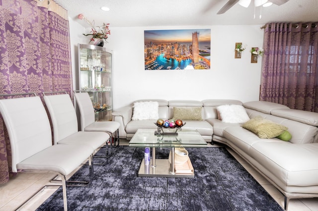 living room with a textured ceiling