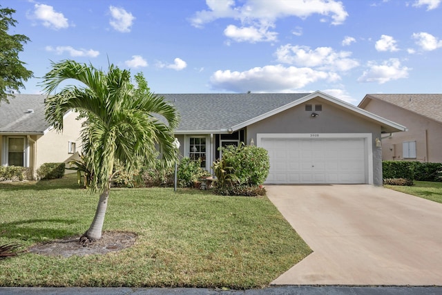 ranch-style home with a garage and a front lawn