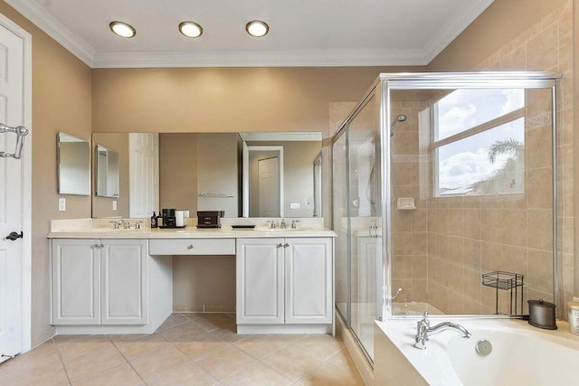 bathroom featuring separate shower and tub, tile patterned flooring, and vanity