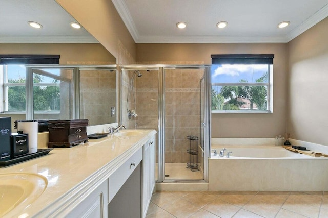 bathroom with tile patterned floors, vanity, crown molding, and plus walk in shower