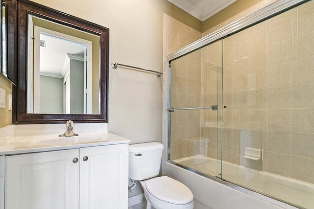 full bathroom with vanity, toilet, enclosed tub / shower combo, and crown molding