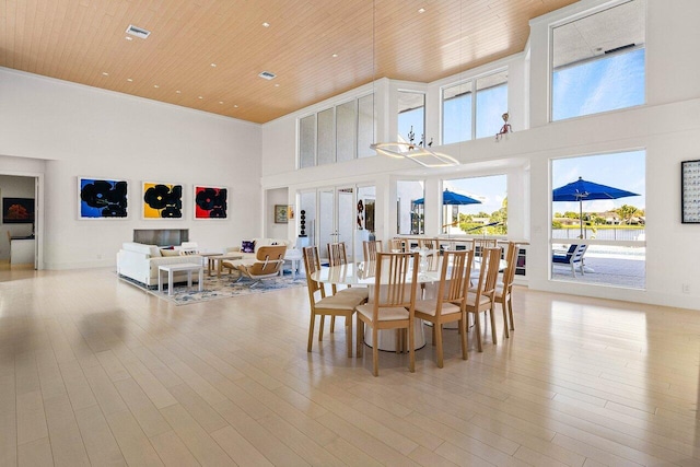 dining room featuring a high ceiling, light wood-type flooring, and wooden ceiling