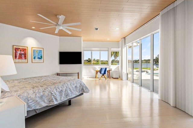 bedroom featuring access to outside, ceiling fan, and wooden ceiling