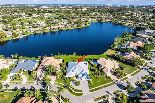 drone / aerial view featuring a water view