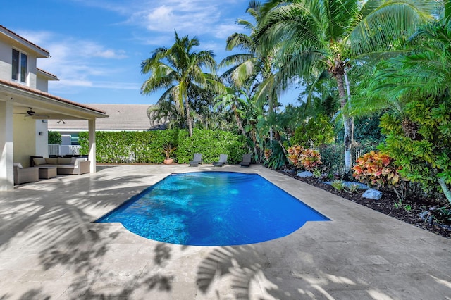 view of pool with outdoor lounge area, ceiling fan, and a patio area