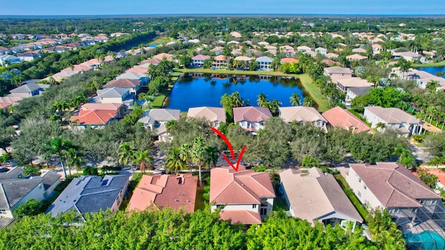 drone / aerial view featuring a water view