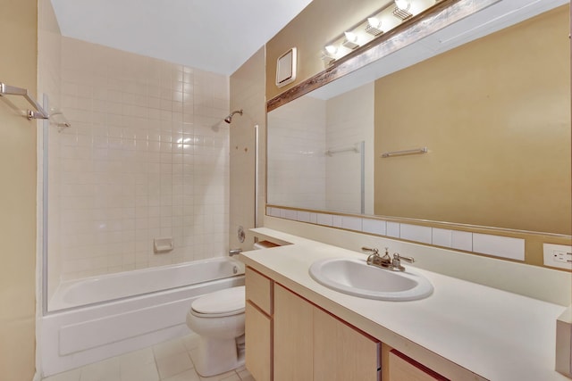 full bathroom with vanity, shower / washtub combination, tile patterned flooring, and toilet