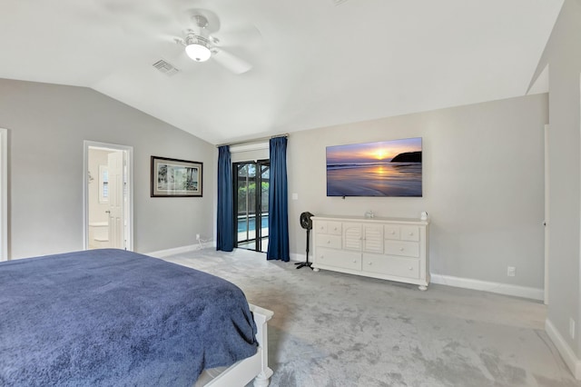 bedroom with access to exterior, ceiling fan, ensuite bathroom, light colored carpet, and lofted ceiling