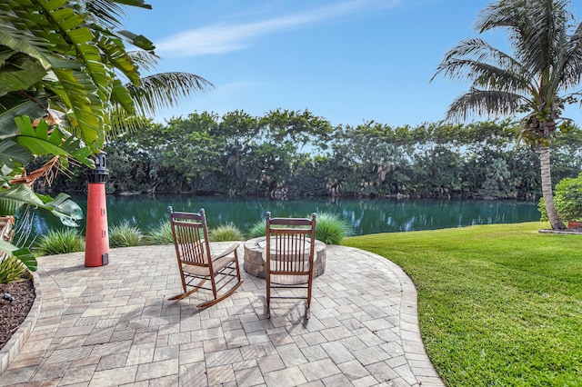 view of patio with a water view