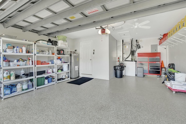 garage with electric panel, a garage door opener, ceiling fan, water heater, and heating unit