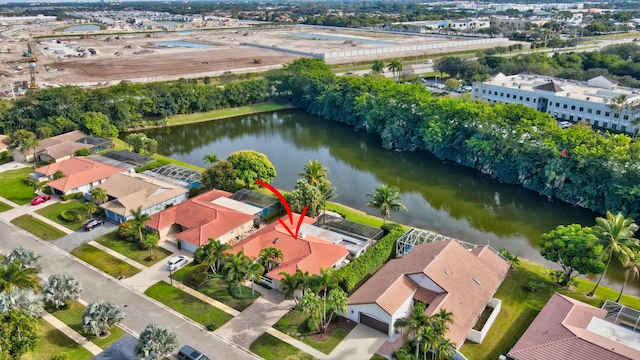 drone / aerial view featuring a water view