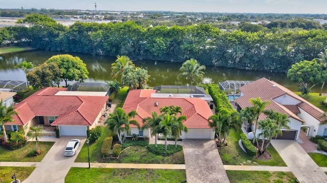 drone / aerial view featuring a water view