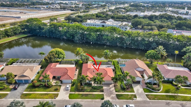 drone / aerial view featuring a water view