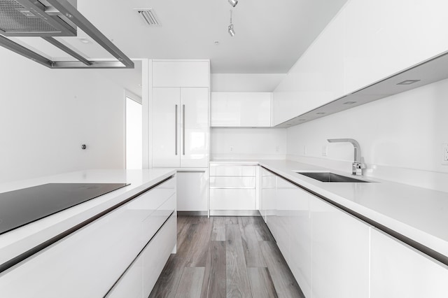 kitchen featuring sink, light wood-type flooring, black electric cooktop, white cabinetry, and extractor fan