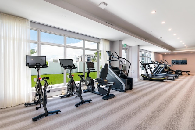 exercise room featuring light colored carpet