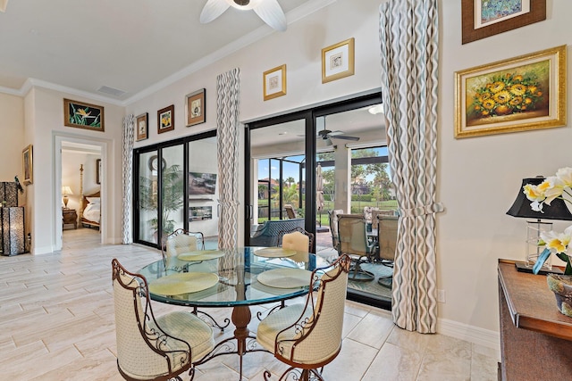 dining space with crown molding