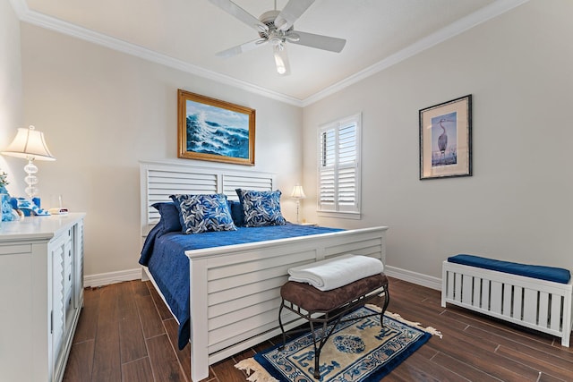 bedroom with ceiling fan and crown molding