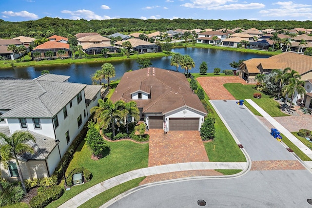 bird's eye view with a water view