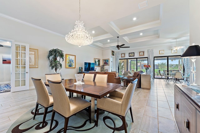 dining area featuring beam ceiling, ceiling fan with notable chandelier, ornamental molding, and coffered ceiling