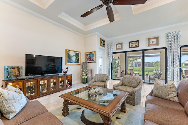 tiled living room with beamed ceiling, ceiling fan, crown molding, and coffered ceiling