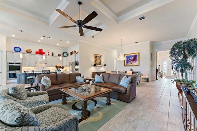 living room with ornamental molding, coffered ceiling, ceiling fan, beam ceiling, and light tile patterned floors