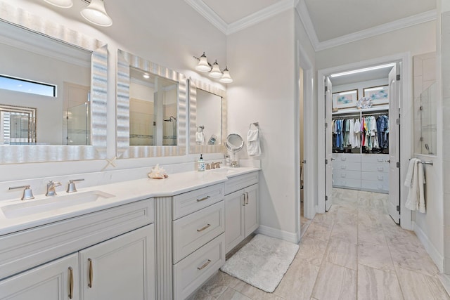 bathroom featuring vanity, an enclosed shower, and crown molding