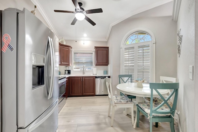 kitchen with sink, stainless steel appliances, a wealth of natural light, and ceiling fan