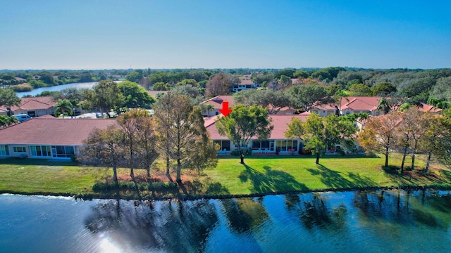 bird's eye view with a water view