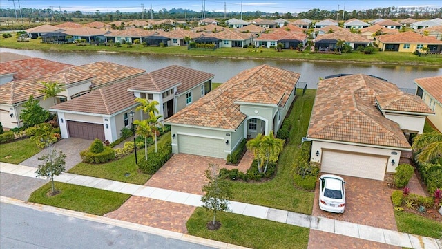 bird's eye view with a water view