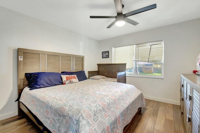 bedroom featuring ceiling fan and light hardwood / wood-style floors