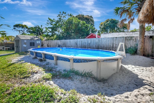 view of pool with a storage unit