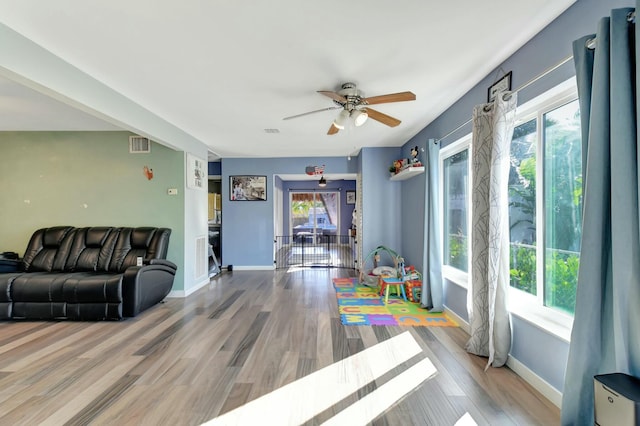 rec room featuring hardwood / wood-style flooring and ceiling fan