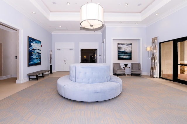 living area with a raised ceiling and ornamental molding