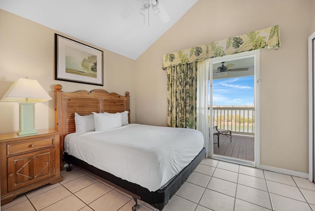 bedroom featuring lofted ceiling, light tile patterned floors, a ceiling fan, baseboards, and access to outside