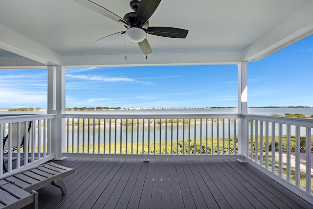 wooden deck with a water view and ceiling fan