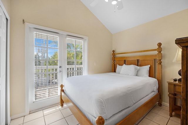 bedroom with lofted ceiling, access to outside, light tile patterned floors, and a ceiling fan